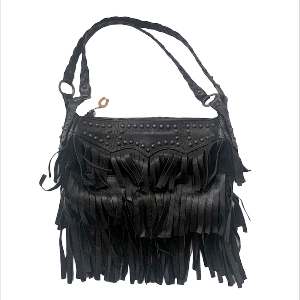Betsey Johnson Leather Fringe Bag w/Brass Studs.